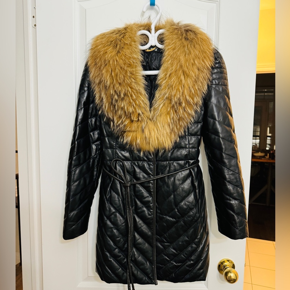 Genuine Lamb Leather with Real Fur Hood Down Jacket, Size L